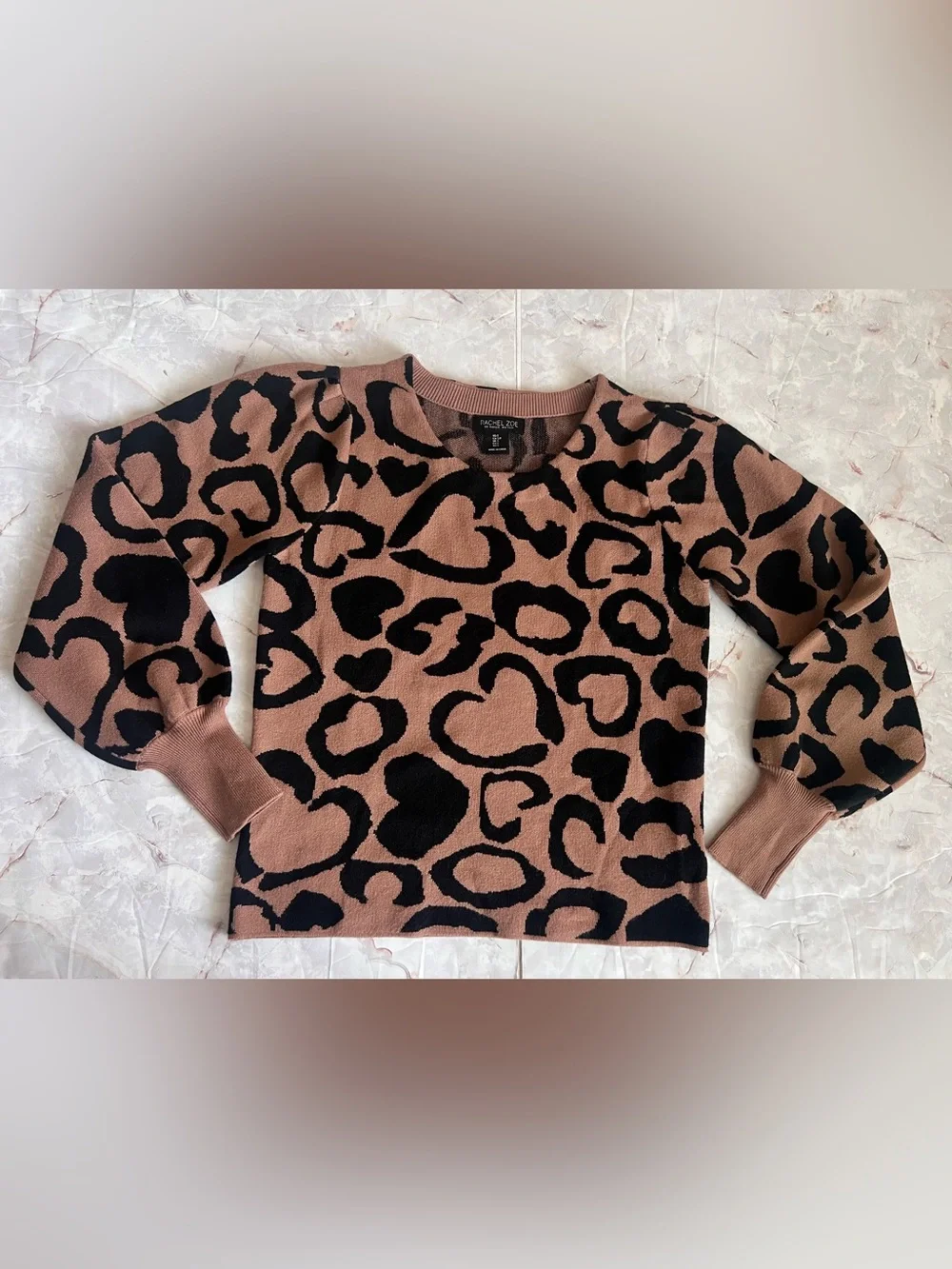 Rachel Zoe Heart Shape Romantic Leopard Print Pattern Long Sleeve  Sweater Sm